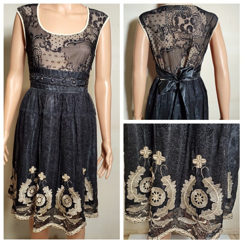 Forwear N.Y. Black Lace Beige Embroidered Dress 8